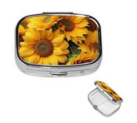 Many Sunflowers Pill Box 2 Compartment Square Portable Pill Case for Pocket or Purse Small Weekly Medicine Planner Travel Pillbox with Mirror Decorative Metal Vitamin Holder Gifts
