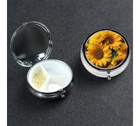 Many Sunflowers Pill Box 3 Compartment Round Portable Pill Case for Pocket or Purse Small Weekly Medicine Planner Travel Pillbox with Mirror Decorative Metal Vitamin Holder Gifts