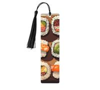 Many Sushi Food Wooden Bookmarks 5 Pcs,Handmade Double-Sided Printed Book Marks Page Markers with Black Tassels Book Accessories Gift for Book Lovers Women Men
