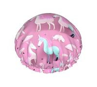 many Unicorns Pink Printed Reusable Bathing Cap, Dual Layer Hair Cover For Long Thick Hair, 10.6in Headgear