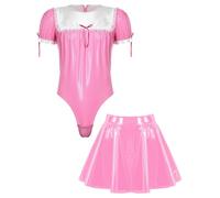 Manyakai 2pcs Mens Sissy French Maid Cosplay Costume Crossdress Puff Sleeve Bodysuit With Aline Flared Skirt Outfits Pink 3XL