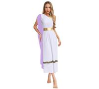 Manyakai Ancient Rome Costume Women Greek Toga Halloween Cosplay Costume One-shoulder Maxi Dress with Shawl Light Purple M