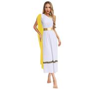 Manyakai Ancient Rome Costume Women Greek Toga Halloween Cosplay Costume One-shoulder Maxi Dress with Shawl Yellow L