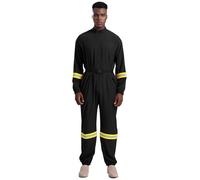 Manyakai Firefighter Outfit For Mens Halloween Cosplay Fireman Fire Captain Uniform Front Zipper Bodysuit Jumpsuit Black XL