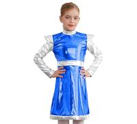 Manyakai Girls Alien Costume Shiny Metallic Dress Halloween Outer Space Man Astronaut Role Play Kids Dress Up Royal Blue 11-12 Years