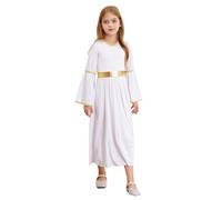 Manyakai Girls Halloween Angel Dress Long Sleeve Gold Trim Princess Goddesses Toga Gown Party Praise Dance Dress White 7-8 Years