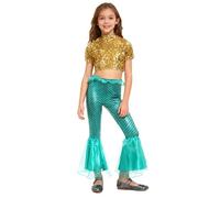 Manyakai Girls Kids Mermaid Cosplay Costume Short Sleeve Sequins Crop Top with Fish Scale Print Ruffle Bell Bottoms Gold Mint Green 13-14 Years