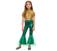 Manyakai Girls Kids Mermaid Cosplay Costume Short Sleeve Sequins Crop Top with Fish Scale Print Ruffle Bell Bottoms Gold Green 11-12 Years