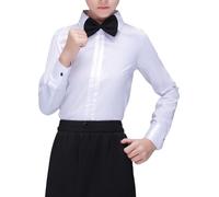 Manyakai Kids Boys Long Sleeve Latin Dance Shirt Leotard Professional Salsa Ballroom Tango Romper Top with Bowtie White 11-12 Years