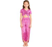 Manyakai Kids Girls 2Pcs Indian Praise Dance Costume Fancy Dress Metallic Floral Print Crop Top with Bloomers Hot Pink 15-16 Years