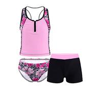 Manyakai Kids Girls 3 Pieces Athletic Swimsuit Hawaiian Tankinis Swimwear Set Beach Bathing Suit Pink 13-14 Years