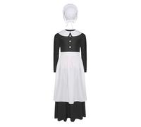 Manyakai Kids Girls 4Pcs Halloween Dress Up Prairie Outfits Pilgrim Maid Shirt with A-line Skirt and Bonnet Apron Black 11-12 Years