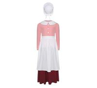 Manyakai Kids Girls 4Pcs Halloween Dress Up Prairie Outfits Pilgrim Maid Shirt with A-line Skirt and Bonnet Apron Pink 9-10 Years