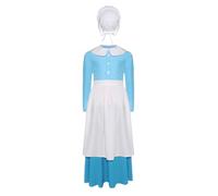 Manyakai Kids Girls 4Pcs Halloween Dress Up Prairie Outfits Pilgrim Maid Shirt with A-line Skirt and Bonnet Apron Blue 5-6 Years