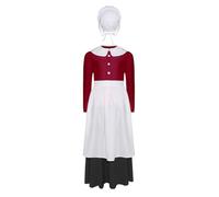 Manyakai Kids Girls 4Pcs Halloween Dress Up Prairie Outfits Pilgrim Maid Shirt with A-line Skirt and Bonnet Apron Burgundy 9-10 Years