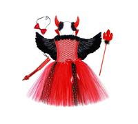 Manyakai Kids Girls 6Pcs Halloween Little Devil Cosplay Costume Sequins Puffy Tulle Dress with Devil Accessories Red 4-5 Years