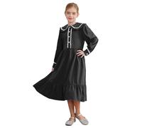Manyakai Kids Girls Colonial Dress Pioneer Prairie Dresses Victorian Long Sleeve Lace Trim Ruffle Dress Black 9-10 Years