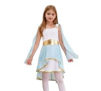 Manyakai Kids Girls Halloween Ancient Greek Toga Princess Dress Athena Goddesses Roman Egypt Fancy Dress Up Light Blue 9-10 Years