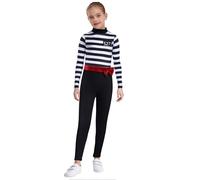 Manyakai Kids Girls Jailbird Inmate Prison Uniform Long Sleeve Stripes Prisoner Jumpsuit Carnival Party Outfits Black 11-12 Years