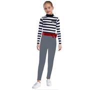 Manyakai Kids Girls Jailbird Inmate Prison Uniform Long Sleeve Stripes Prisoner Jumpsuit Carnival Party Outfits Grey 15-16 Years