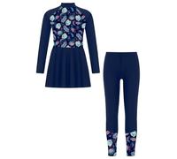 Manyakai Kids Girls Rash Guard Swimsuit UPF 50 Long Sleeve Swim Dress and Leggings Full Body Cover Beach Swimwear Navy Blue D 9-10 Years