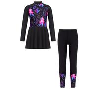 Manyakai Kids Girls Rash Guard Swimsuit UPF 50 Long Sleeve Swim Dress and Leggings Full Body Cover Beach Swimwear Black D 7-8 Years