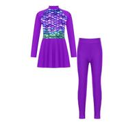 Manyakai Kids Girls Rash Guard Swimsuit UPF 50 Long Sleeve Swim Dress and Leggings Full Body Cover Beach Swimwear Purple E 13-14 Years
