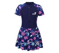 Manyakai Kids Girls Swimming Costumes One Piece Swimsuit Short Sleeve Rash Guard Swimwear with Skirts Navy Blue A 9-10 Years