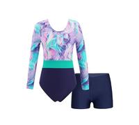 Manyakai Kids Gymnastics Leotards for Girls Long Sleeve Ballet Dance Leotard with Workout Shorts Colorful&Navy 9-10 Years
