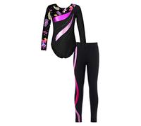 Manyakai Kids Gymnastics Outfits Girls Long Sleeve Leotards with Leggings 2 Piece Fullbody Athletic Dance Unitard H Black 9-10 Years
