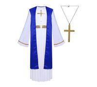 Manyakai Kids Unisex Jesus Church Pope Outfits Halloween Bishop Priest Religious Robes Dress with Cross Necklace Royal Blue 9-10 Years