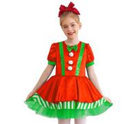Manyakai Little Girls Short Sleeve Tutu Dance Dress Figure Skating Stage Performance Christmas Elf Costume Green 7-8 Years