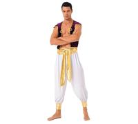 Manyakai Mens Arabian Prince Cosplay Outfits Velvet Arab Vest with Metallic Pants Sets Halloween Fancy Dress White L