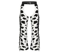 Manyakai Mens Cow Print Assless Chaps Tassel Faux Suede Cowboy Chaps Crotchless Flannel Pants for Halloween Party Black White M