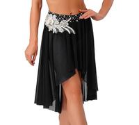 Manyakai Women Applique Glittery Dance Skirt Irregular Mesh Hem One Piece Brief Skirt Dancewear Black L