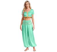 Manyakai Women Arabian Costume Halloween Arab Princess Cosplay Fancy Dress 2 Pcs Fairy Tale Elf Costume Turquoise XL