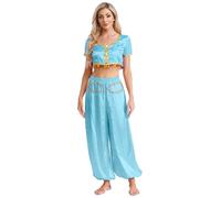 Manyakai Women Arabian Costume Halloween Arab Princess Cosplay Fancy Dress 2 Pcs Fairy Tale Elf Costume Light Blue XXL