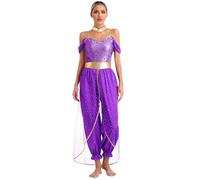 Manyakai Women Arabian Princess Costume Belly Dance Outfits Halloween Party Sequins jumpsuits India Fancy Dress Up Purple 3XL