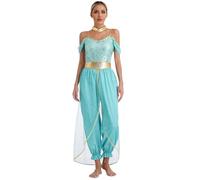Manyakai Women Arabian Princess Costume Belly Dance Outfits Halloween Party Sequins jumpsuits India Fancy Dress Up Turquoise 4XL
