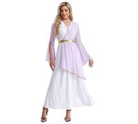 Manyakai Women Greek Costume Ancient Roma Toga Halloween Greek Prince Queen Cosplay Outfit Golden Belts Maxi Dress Lavender M