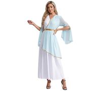 Manyakai Women Greek Costume Ancient Roma Toga Halloween Greek Prince Queen Cosplay Outfit Golden Belts Maxi Dress Light Blue L