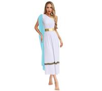 Manyakai Women Greek Toga Costume Halloween Ancient Rome Outfits One-shoulder Shawl Maxi Dress Light Blue XXL