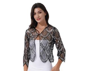 Manyakai Womens 1920s Hollow Lace Cardigan Long Sleeve Sequin Bolero Shrug for Evening Dresses Silver One Size