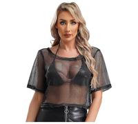 Manyakai Women's 80s Costume Sexy Fishnet Mesh Crop Top Short Sleeve Net Tee Shirts Cover Ups Black L