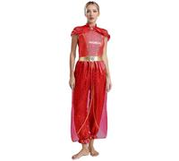 Manyakai Women's Arabian Princess Costume Halloween Role Play Outfits Sequin Jumpsuits Red 3XL