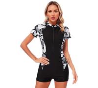 Manyakai Womens Boyleg One Piece Swimsuit Tummy Control Swimwear Short Sleeve Rash Guard Wetsuits C#Black&Grey XL