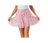 Manyakai Women's Cute Floral Print Ruffle Skirt Tiered Ruffled Hem Flared Skirt Culottes Flared Mini Skirts Pink XS