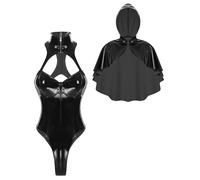 Manyakai Womens Halloween Cosplay Costume Leather Wet Look Gothic Cloak Latex Sleeveless Bodysuit Steampunk Set Black M