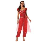 Manyakai Womens Indian Belly Dance Costume Arabian Princess Outfit Sequins Mesh Bodysuit for Halloween Fancy Dress Party Red M