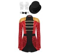 Manyakai Womens Sequin Leotard Circus Halloween Cosplay Costume Adults Ravishing Ringmaster Costume Set Red L